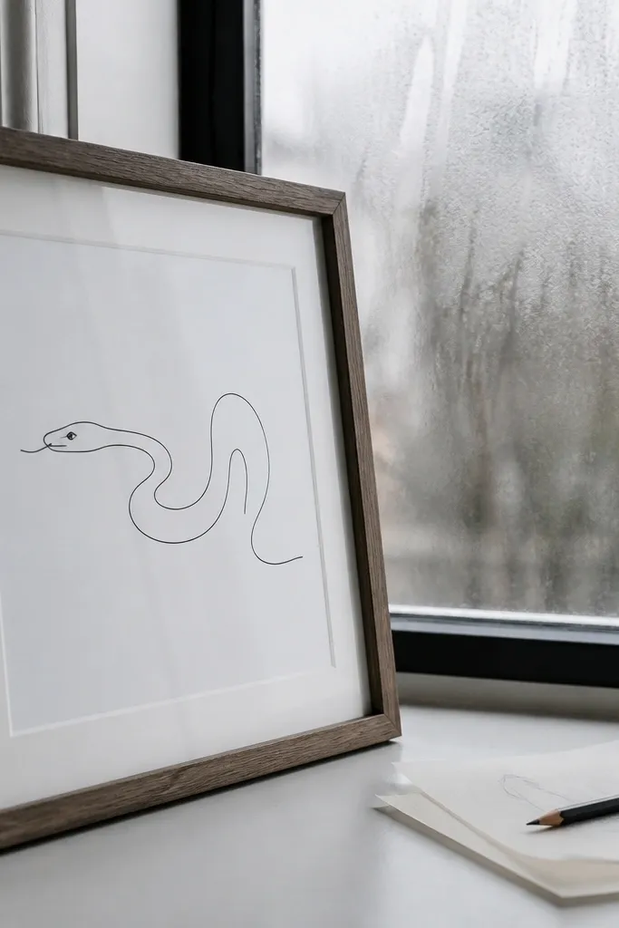 Minimal snake head and body drawn in one continuous flowing line