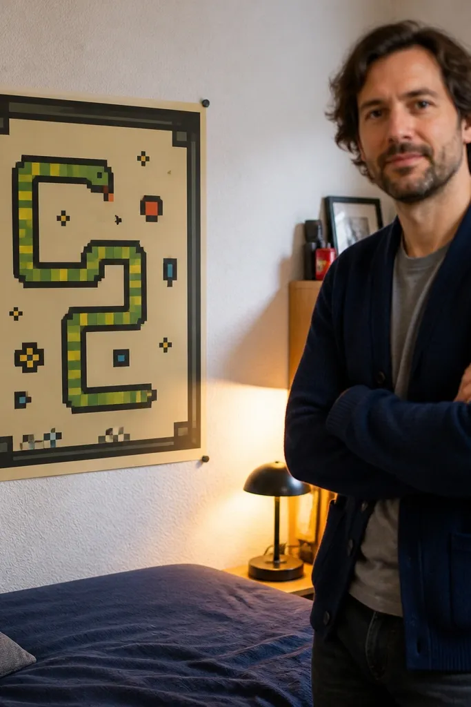 Snake with bold outline, pixel-like body blocks, and simple retro shapes