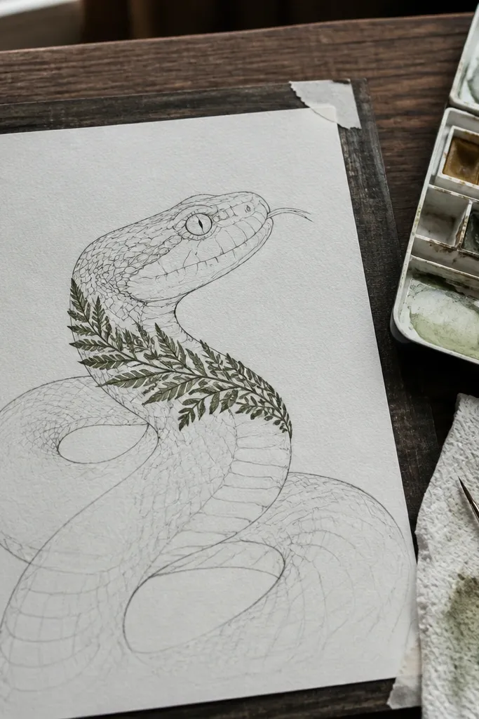 Snake body with a leafy pattern band across the neck and a clean ink head
