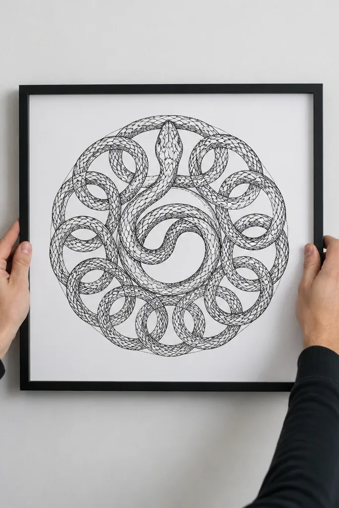 Coiled snake forming a circle with repeating line patterns inside the coil