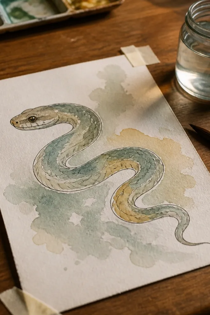 Snake with black outline and light watercolor wash shading in body sections