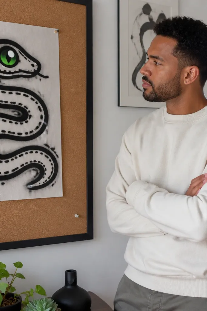 Graffiti-style snake outline with a bubble eye and spray-like line accents