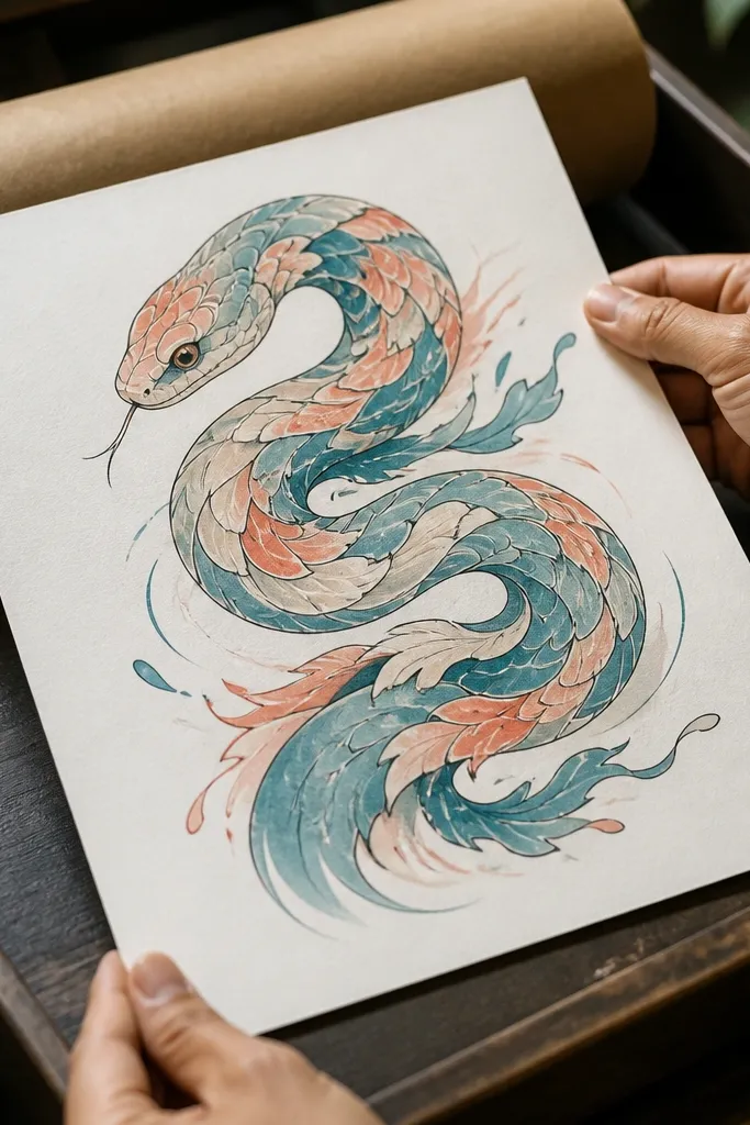 Snake with flowing ribbon-like scale patterns inspired by koi shapes