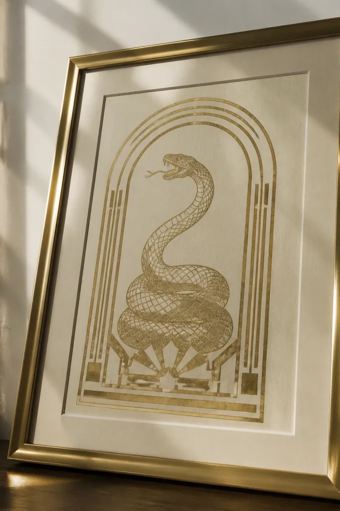 Art deco style snake inside an arch with geometric stripes