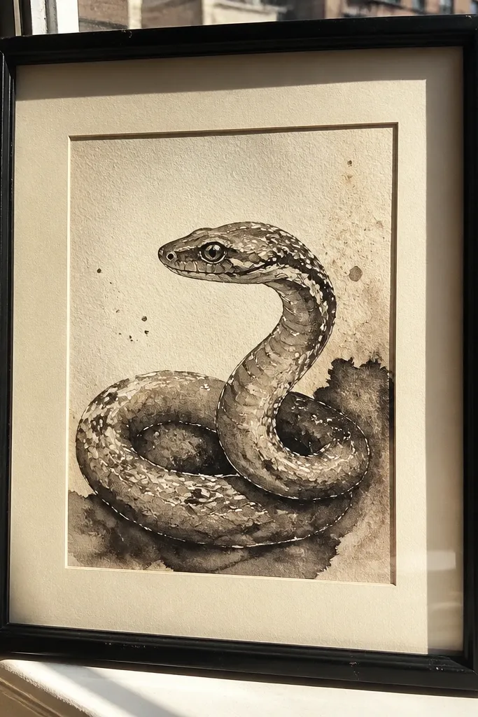 Snake with ink wash shading and crisp white highlight lines on the body