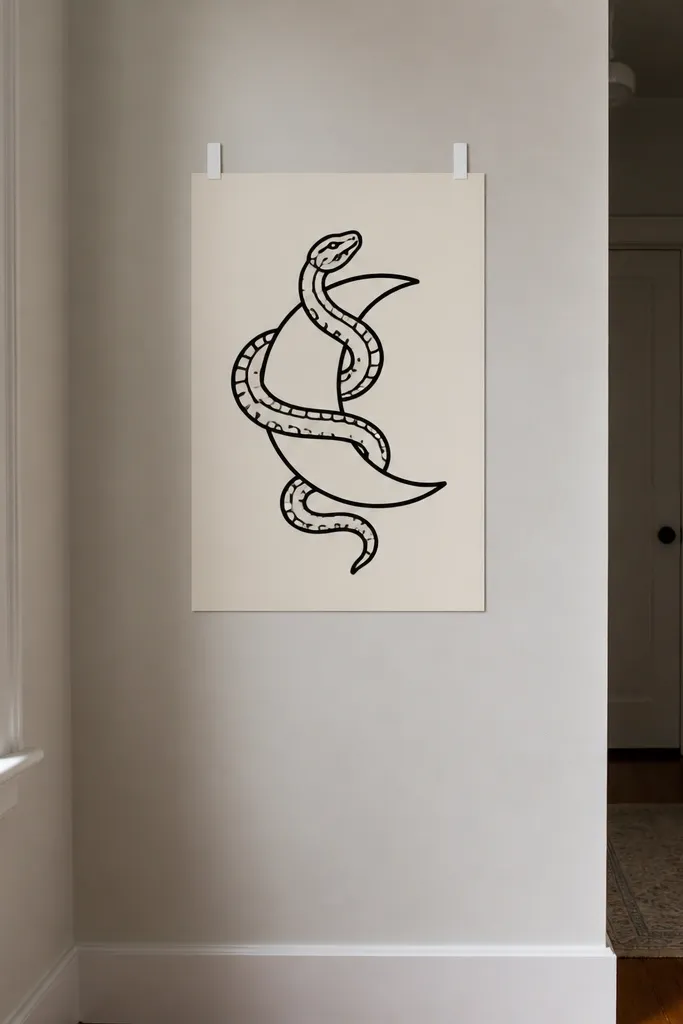 Snake wrapping around a crescent moon shape with clean cut lines