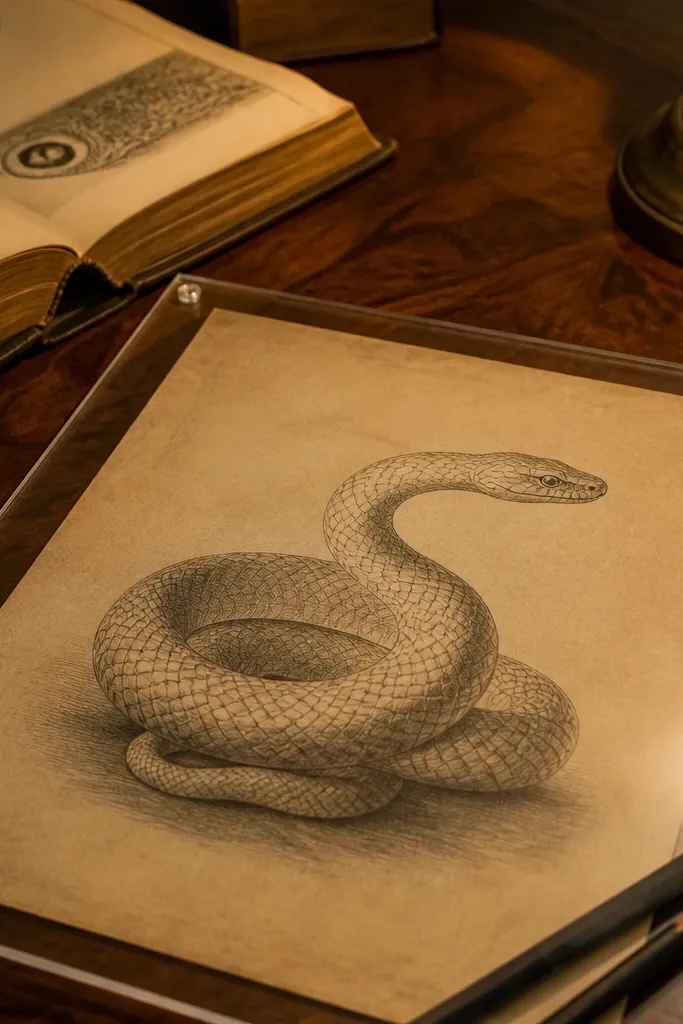 Victorian-style snake engraving with crosshatch shading on the belly and fine line details