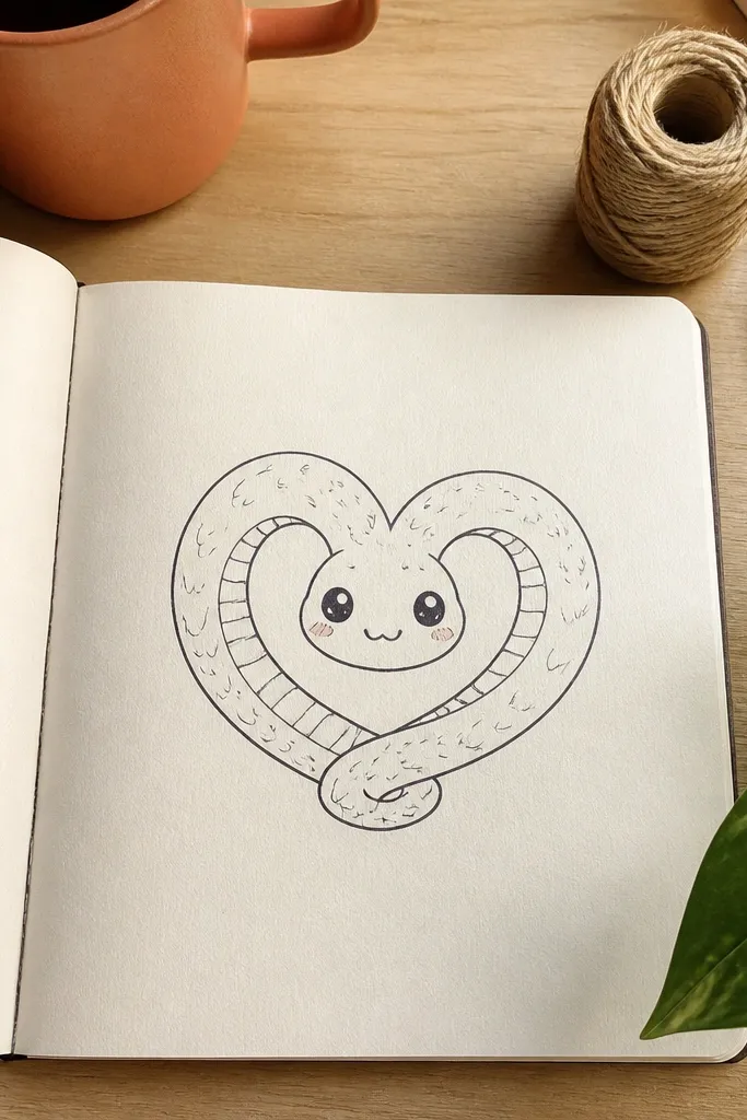 Cute snake shaped into a heart with big eyes and simple outline