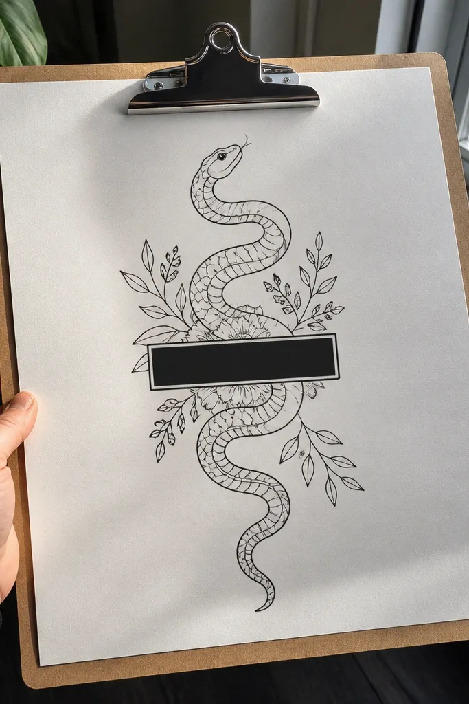 Thin-line snake with a clean typographic band across the body area