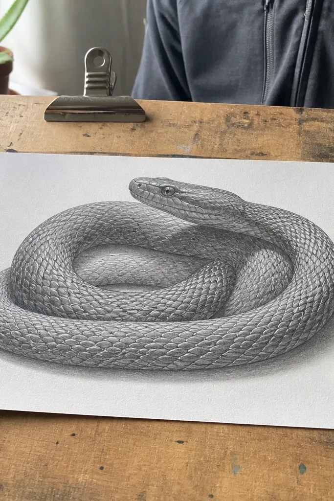 Snake with subtle raised scale texture created by eraser dots on pencil sketch