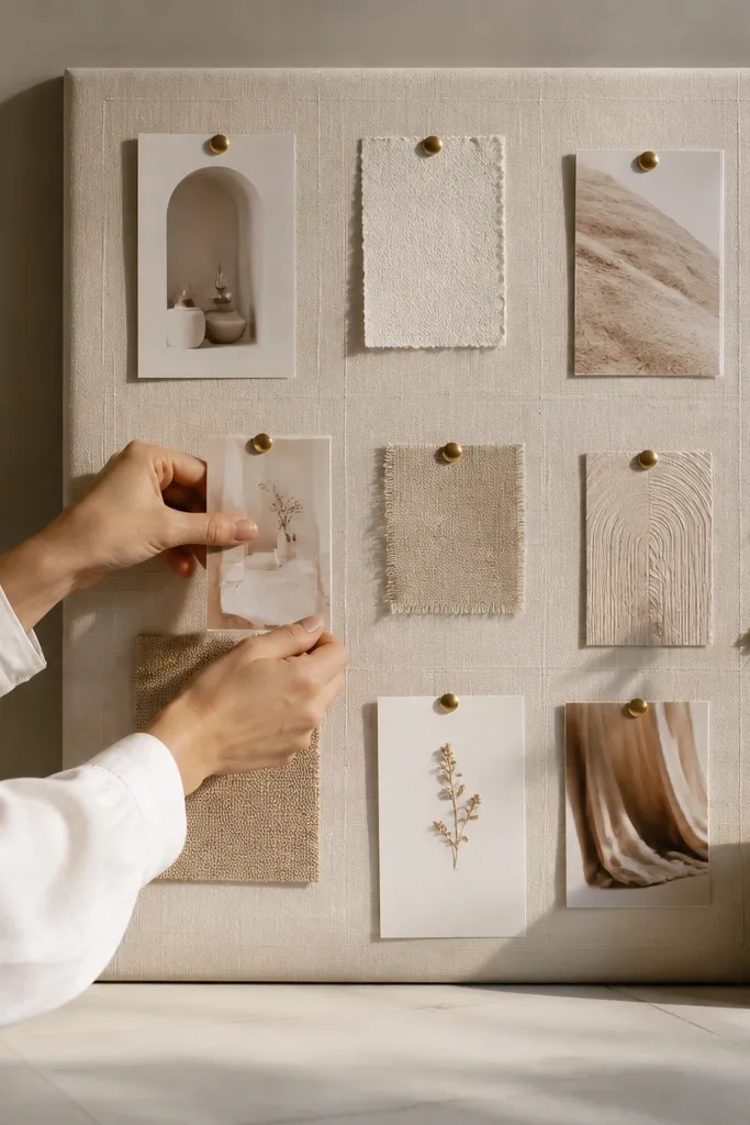 Cream fabric stretched on a small board with a neat grid and pinned cards