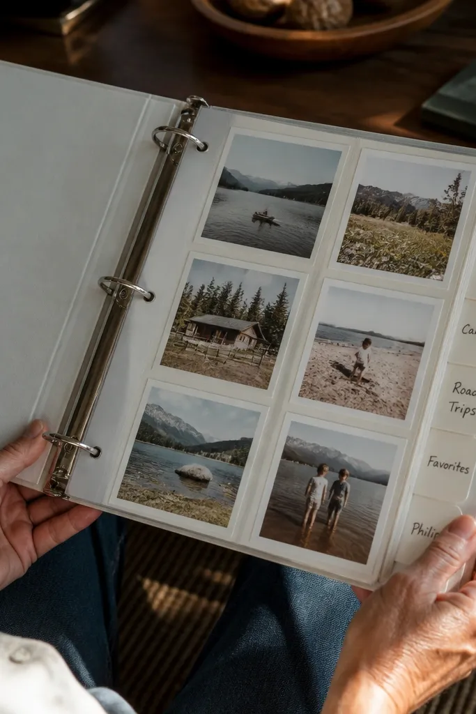 Three-ring binder open to labeled tabs and photos arranged in neat rows