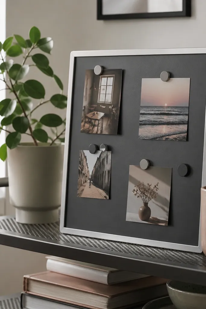 Small magnetic board on a metal cart shelf with photos attached by magnets