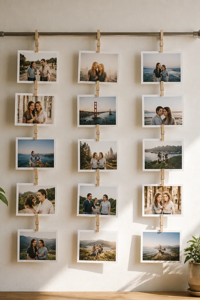 Photos clipped to a tension rod line with clothespins in a tidy vertical layout