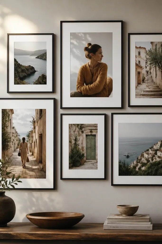 A wall frame collage with corners and clean spacing between prints