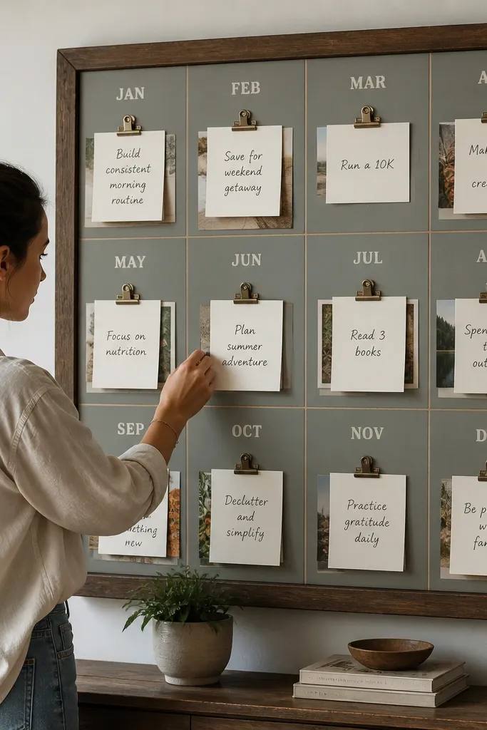 A repurposed calendar board with monthly blocks and clipped goal cards