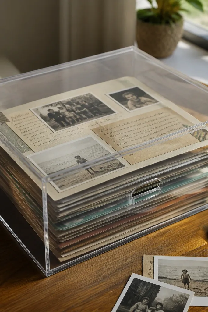 Clear box containing scrapbook pages with visible photos and handwritten labels