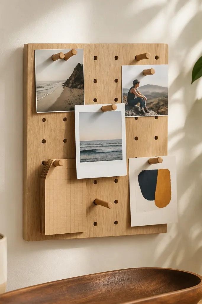 Small pegboard wall organizer with removable hooks holding photos and cards