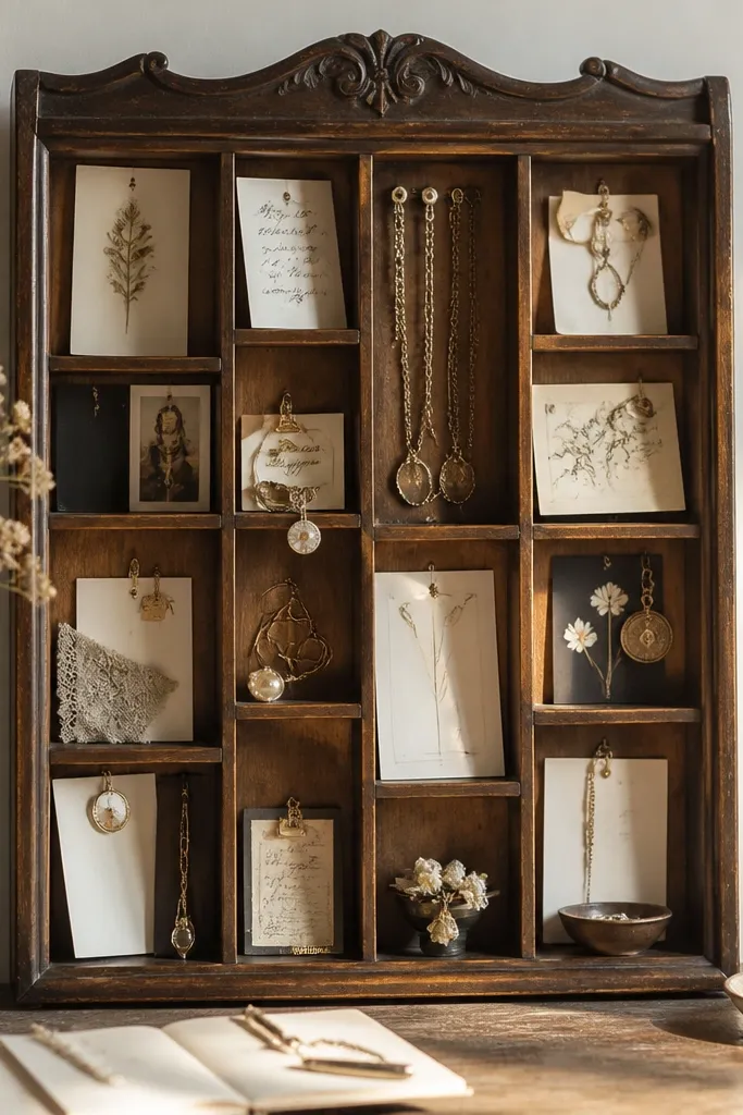 Repurposed jewelry organizer with small cards and pinned notes in sections