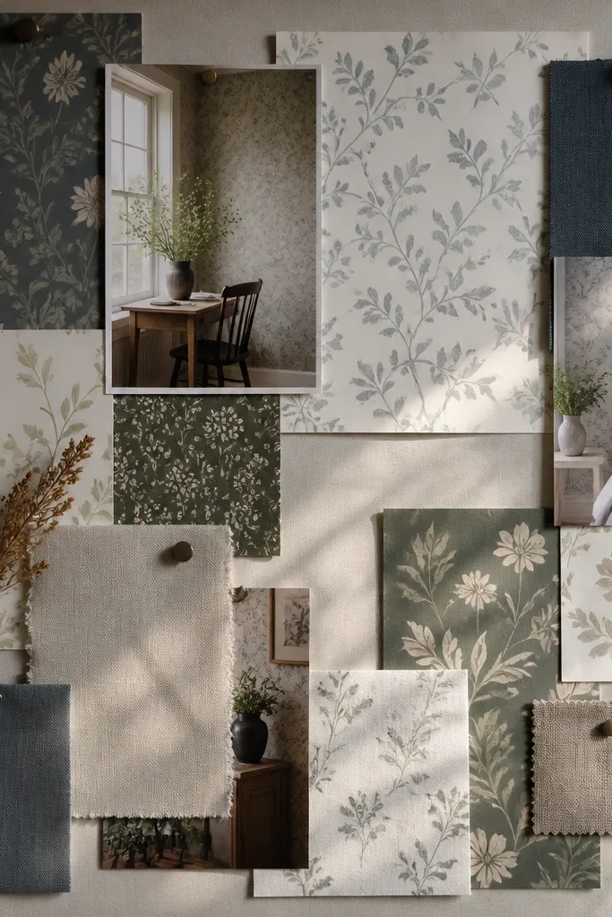 Multiple wallpaper samples arranged with layered photos and labels on a board