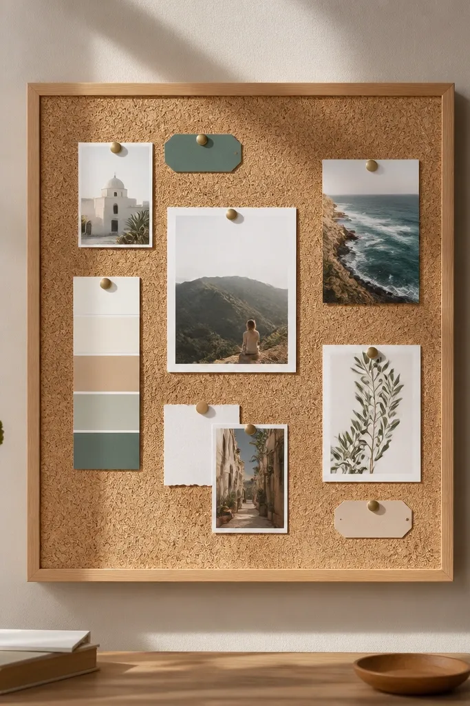 Cork tiles in a neat frame with pinned photos and label stickers