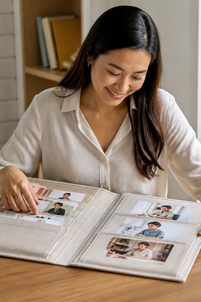 Linen folder with side pockets holding printed career cards and photos
