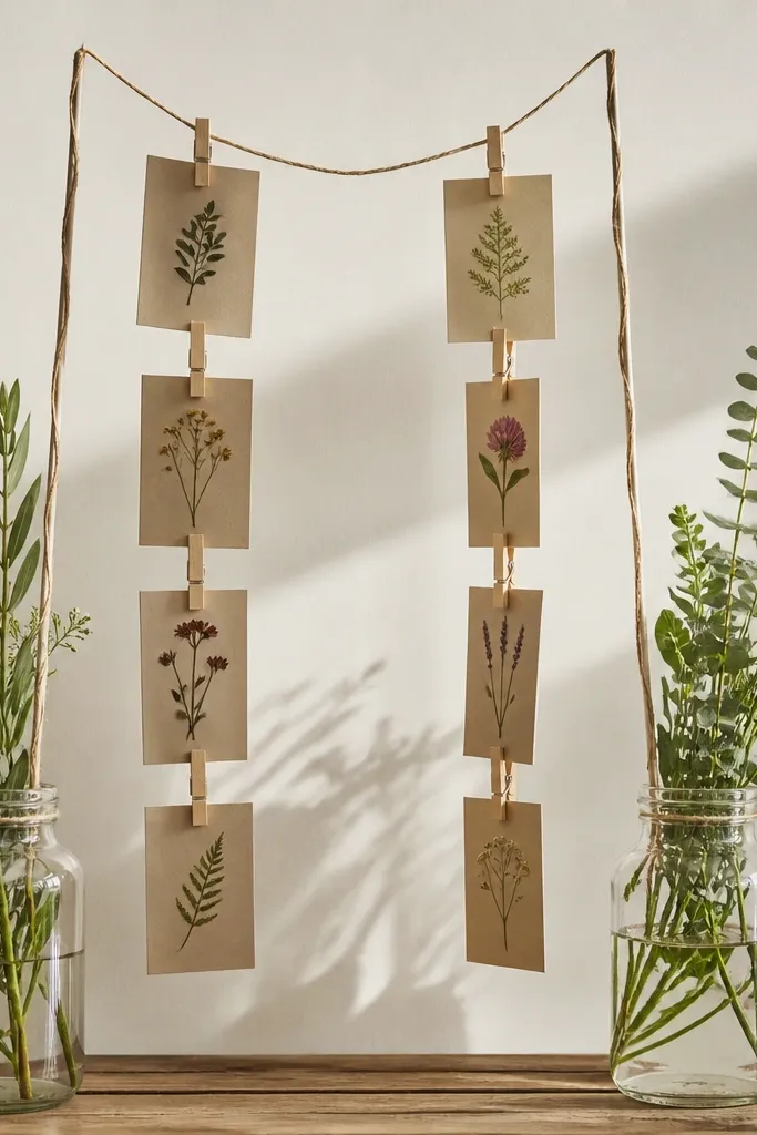 Jars holding a string banner with small cards clipped in a neat vertical line