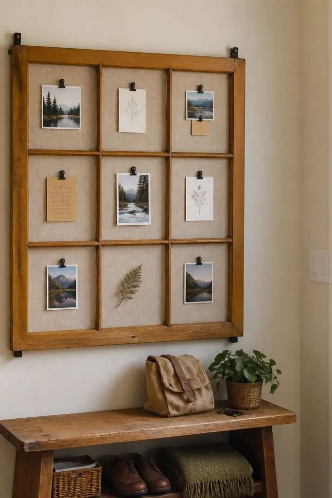 Old window frame with fabric stretched inside and cards clipped neatly