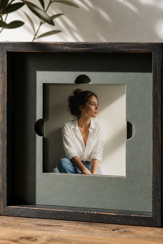 Small shadow box with painted backing and swap inserts holding career photos