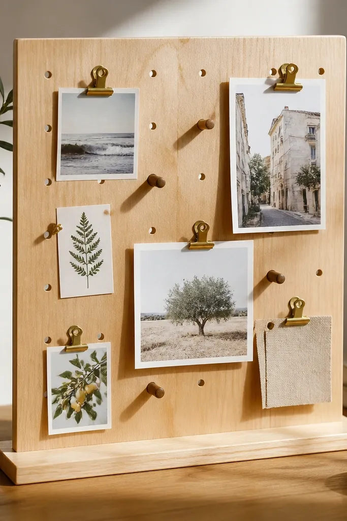 Desk pegboard stand with clip-on cards holding photos and labels