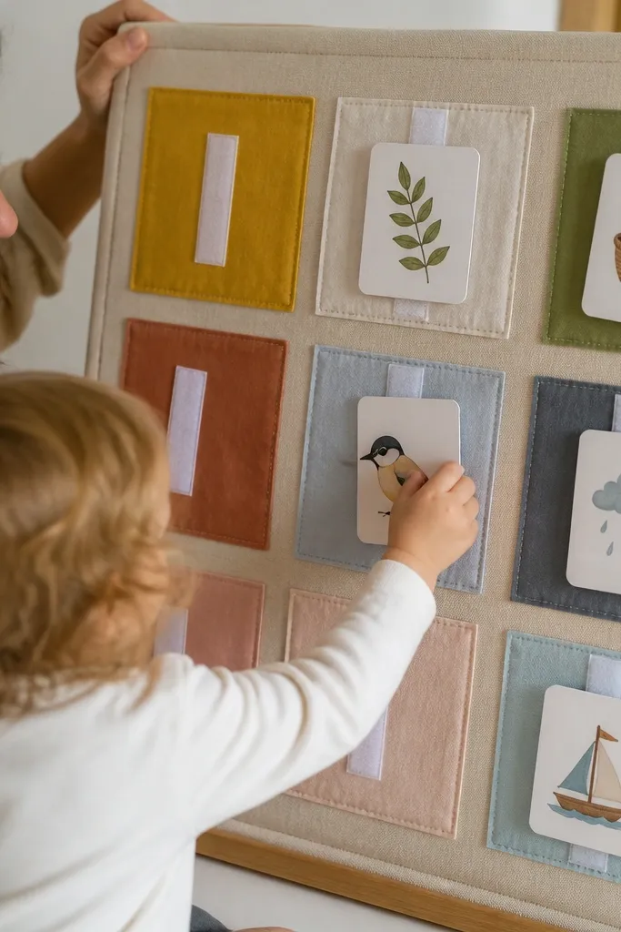 Patchwork fabric squares on a board with Velcro strips holding cards