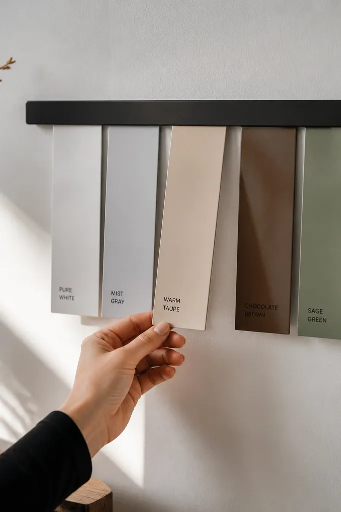 Magnetic rail holding glossy strips with neat labels on a matte wall surface