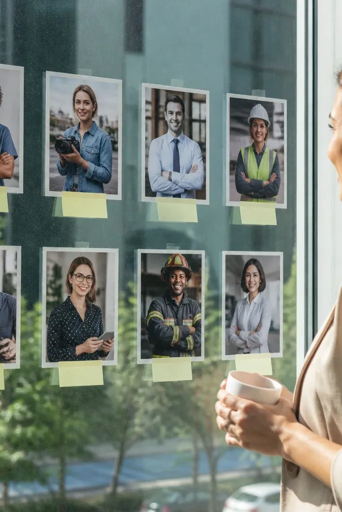 Printed career photos and labels arranged on a window with temporary clings