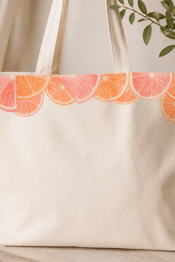 A cream canvas tote with a hand-painted border of peach and orange citrus slices along the top edge, each slice outlined in thin white lines and shaded with light pink and tangerine gradients.
