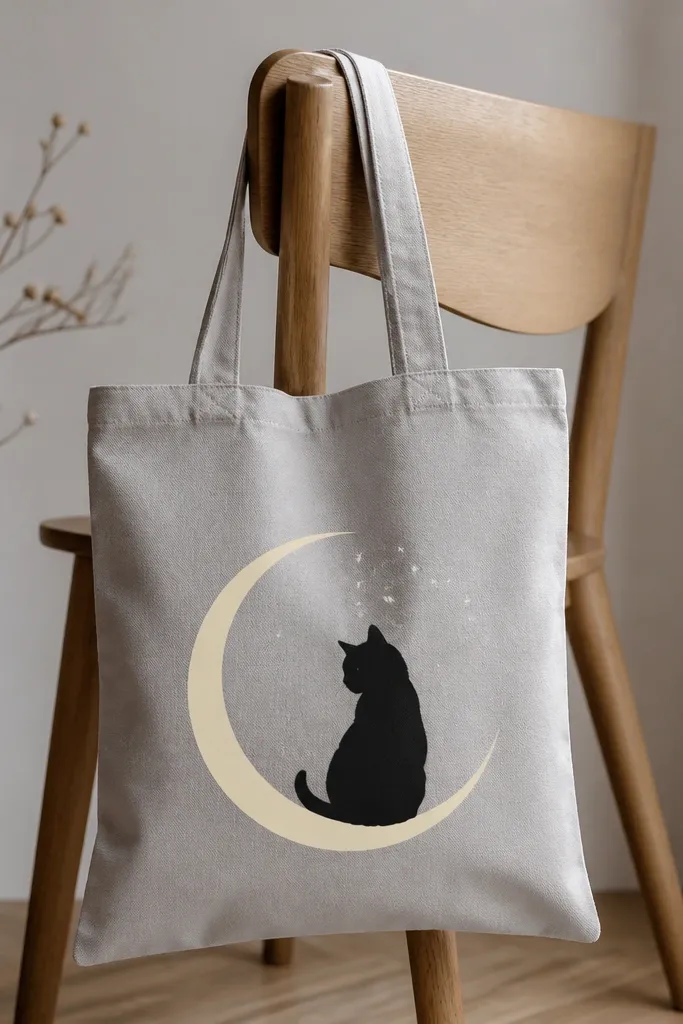 A black cat silhouette sitting inside a pale yellow crescent moon frame on a light gray tote, with tiny white star dots scattered around the cat's head.