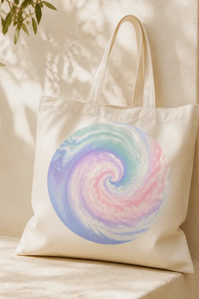A cream tote with a single large pastel swirl in the center, made from layered waves of mint, lavender, baby blue, and soft pink with a slightly cloudy look.