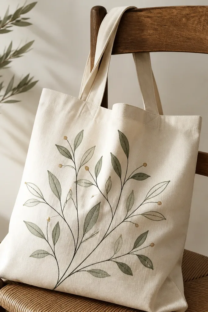 A natural tote with thin black stems and delicate sage-green leaves, plus a few tiny gold dots near the leaf tips.