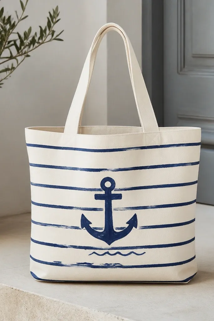 A cream tote with navy-and-white horizontal stripes and a centered navy anchor painted above a small navy wave line.