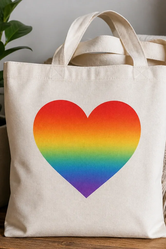 A natural tote with a large heart centered, filled with a smooth rainbow gradient from red at the top to violet at the bottom.