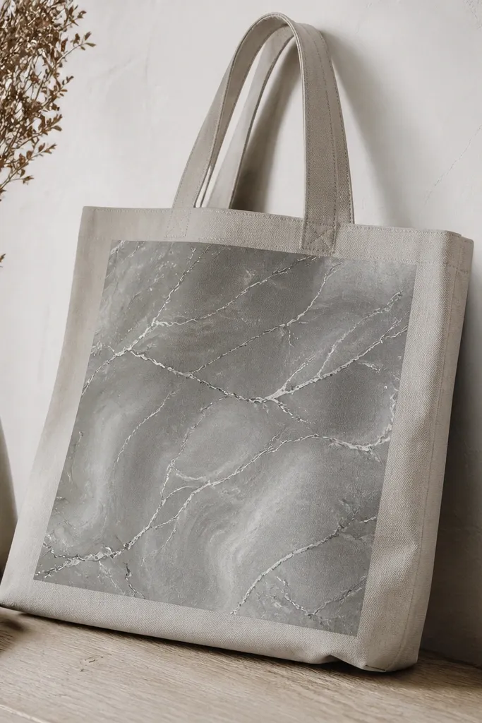 A tote with a gray marble patch in the center, with thin white swirls and delicate metallic silver vein lines radiating through the gray.