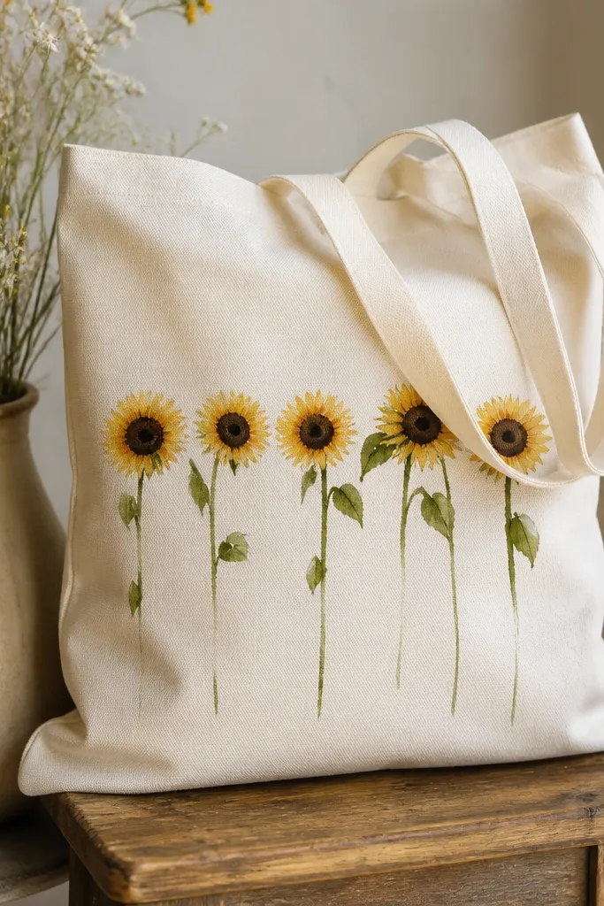 A light tote with small sunflower heads in a row, painted in warm yellow with dark brown centers, and a few green stems trailing downward.