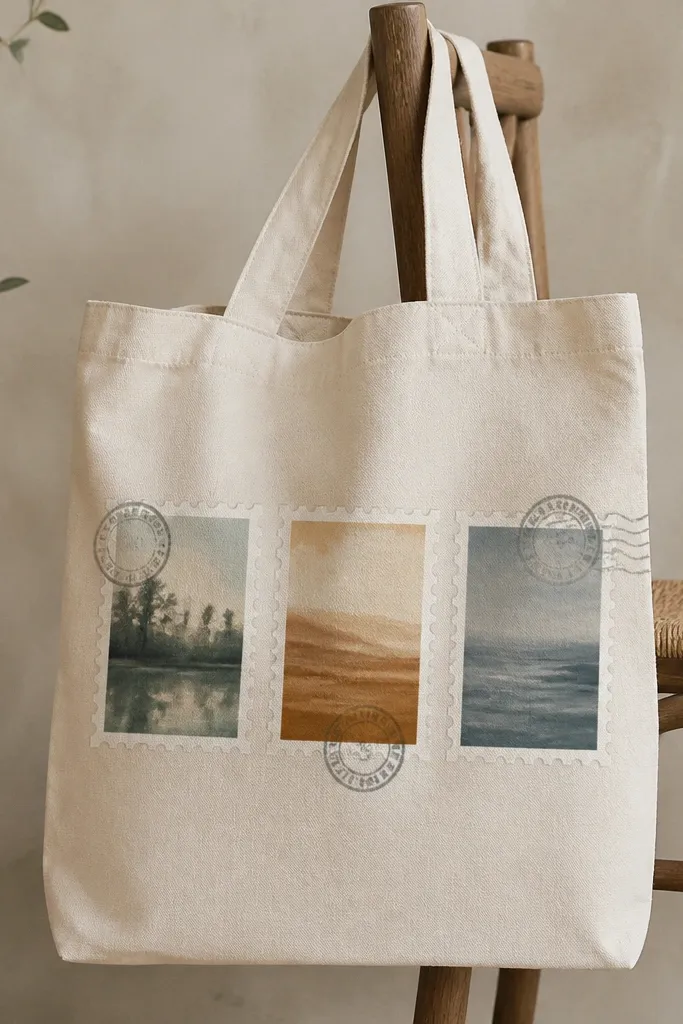 A tote covered with three painted postage-stamp rectangles, each with a different muted color and a faux cancellation mark, plus a tiny "PAINTED" date in the corner.
