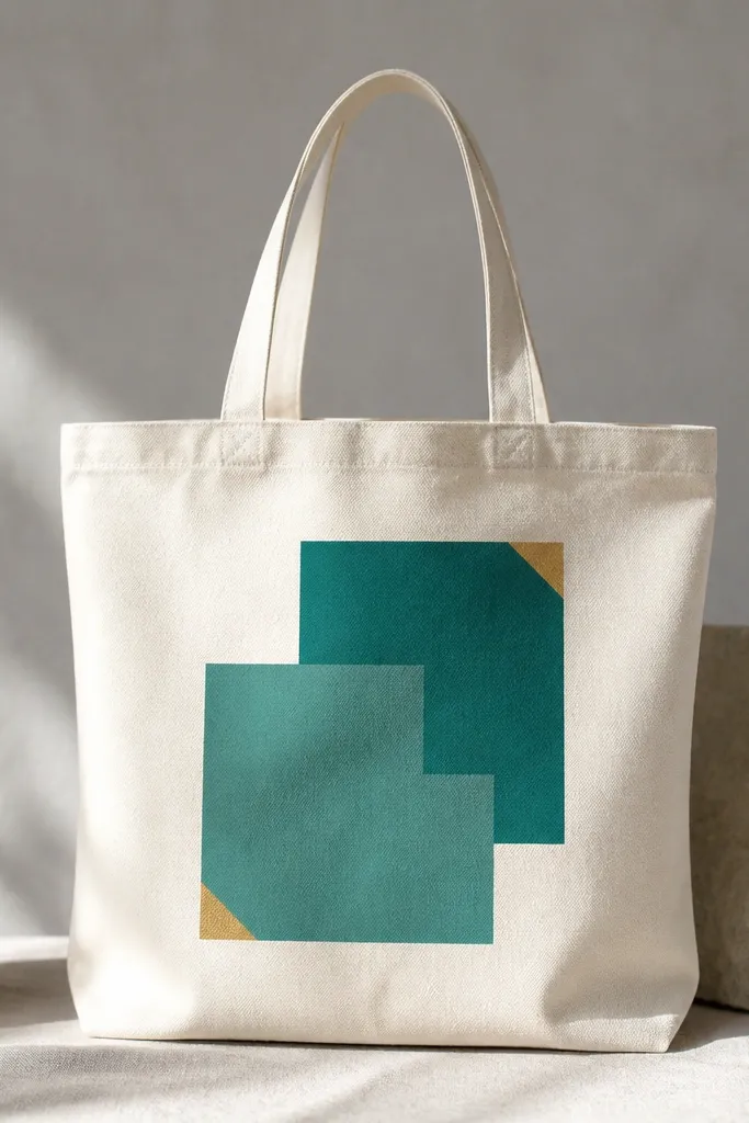 A cream tote with overlapping teal geometric blocks in the center, with small metallic gold triangles at the corners of the shapes.