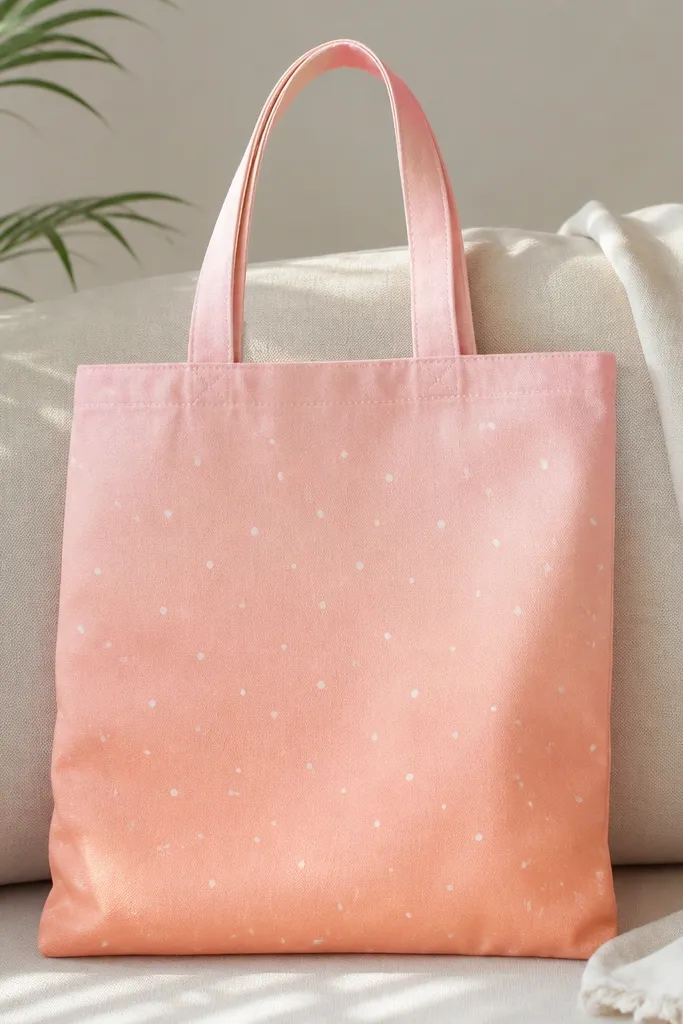 A tote with a soft ombre background from light pink at the top to peach at the bottom, sprinkled with tiny white dot specks like confetti.