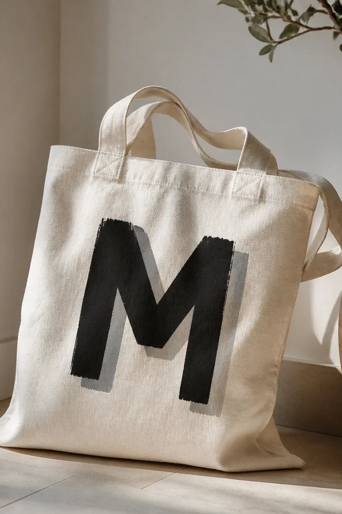 A tote with a large letter M painted in black, with a offset gray shadow behind it for a cutout look.