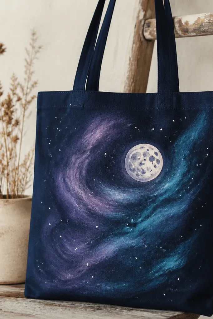 A dark navy tote front with a painted galaxy swirl in purple and teal, a pale moon circle with crater dots, and small white star specks.