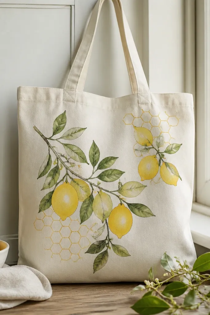 A tote with hand-drawn lemon branches in yellow and green, plus small honeycomb hexagon patterns in pale gold near the branches.