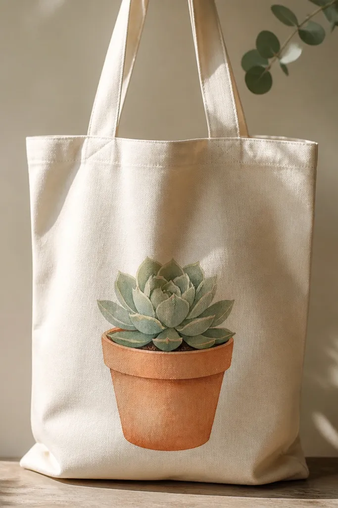 A terracotta-colored plant pot painted on the lower front of a tote, with a succulent peeking out in muted green and a few lighter highlights on leaves.