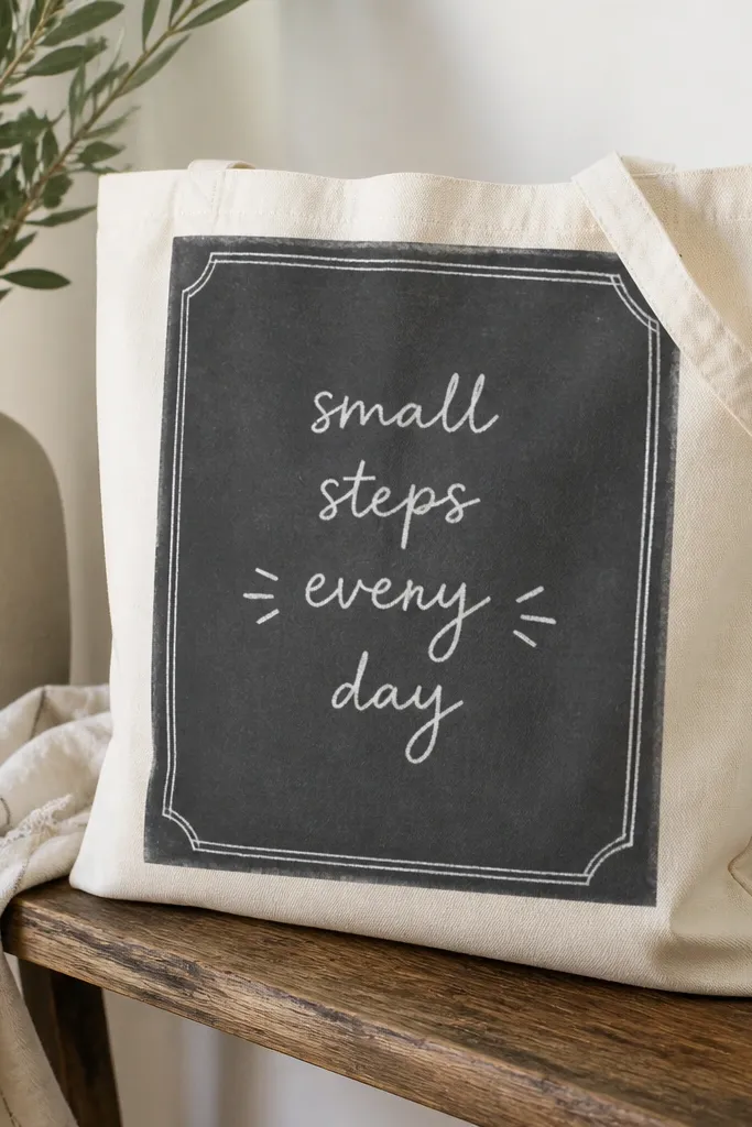 A tote with a dark gray "blackboard" rectangle, a white chalk-style border, and a short handwritten quote in white script with small dash decorations.