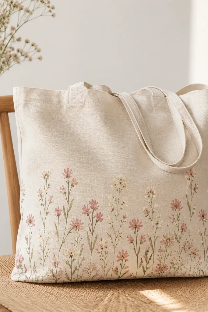 A light tote with repeated small flower sprigs in pink and cream across the lower half, with thin stems and tiny buds.